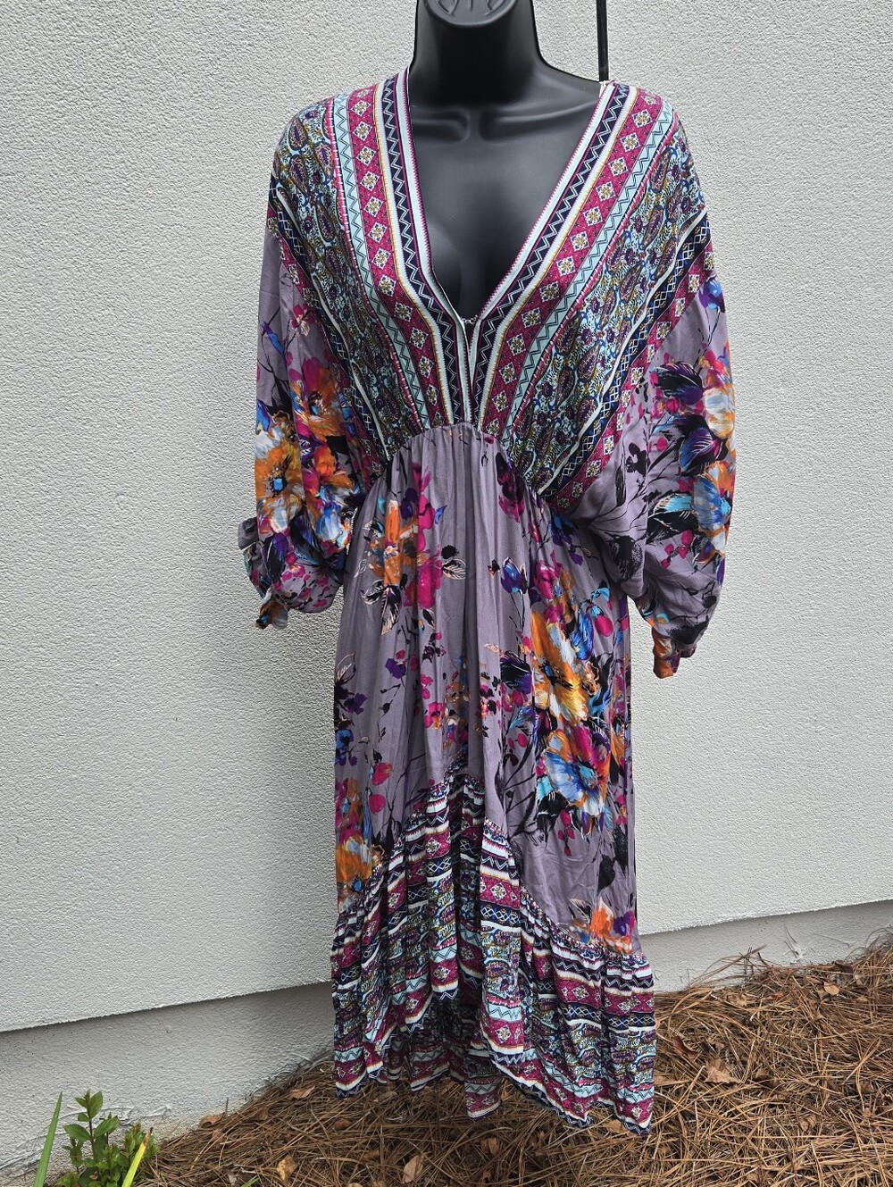 Umgee Boho Floral V-Neck Maxi Dress Size L Purple Floral High-low Puff Sleeve